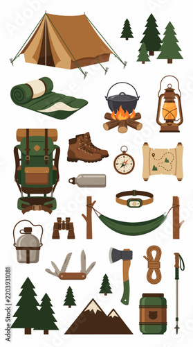Camping gear collection, outdoor adventure equipment icons and hiking essentials flat vector illustration set on white background
