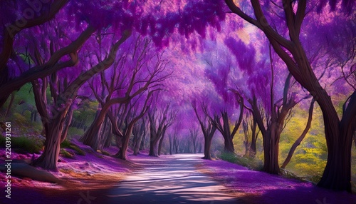 vibrant lforest pansyr redbud trees with rich purple foliage in detailed botanical render