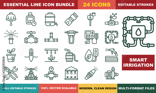 Smart Irrigation and Garden Water Management Editable Stroke Vector Icon Sheet