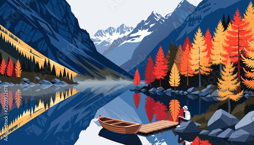 Pristine Mountain Lake in Autumn with Fiery Foliage Reflection, Flat Vector Alpine Fall Beauty Illustration