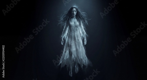A ghostly female spirit in a tattered white dress floating in a dark and mysterious atmosphere.