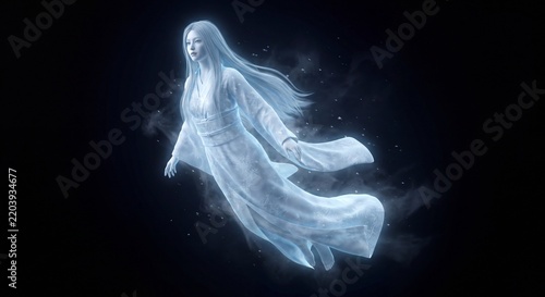 A glowing ethereal female ghost in a traditional white robe floating through dark misty atmosphere.