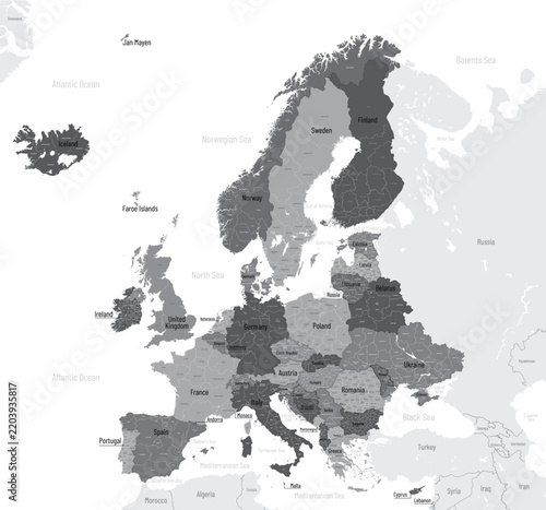 detailed political map of Europe with national borders and regional and administrative divisions, editable vector illustration