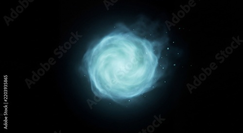 A swirling vortex of bright blue magical energy floats in a dark void with scattered light.
