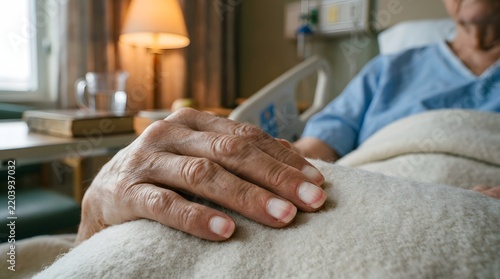 Cinematic Close-up of an Elderly Patient's Hand Resting on a Blanket in a Hospital Room