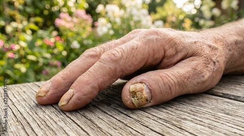 Macro Close-up of Elderly Hand with Nail Fungus Infection and Yellow Brittle Nails
