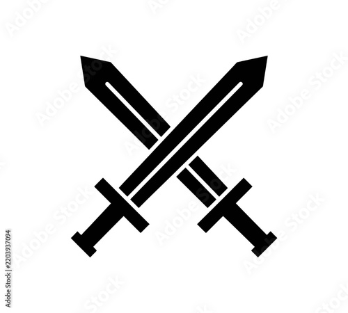 Black crossed swords icon isolated on transparent background for medieval battle graphics.