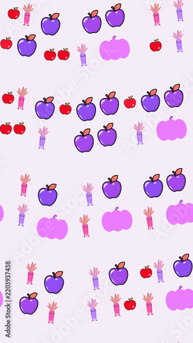 Cartoon pattern of apples, pumpkins, and carrots