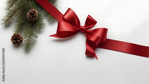 Elegant red satin ribbon corner on white christmas background.