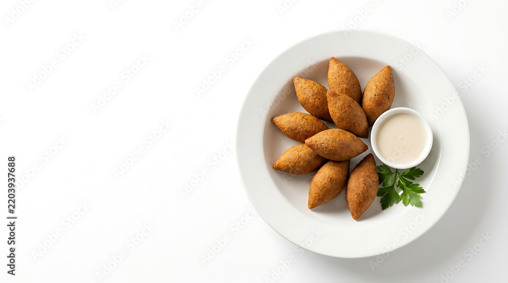 Fototapeta premium Golden fried kibbeh pieces arranged on white plate with parsley garnish and creamy dip
