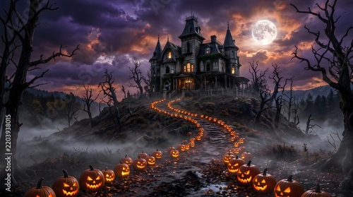 Spooky Halloween haunted house on a hill with glowing jack o lanterns and a full moon