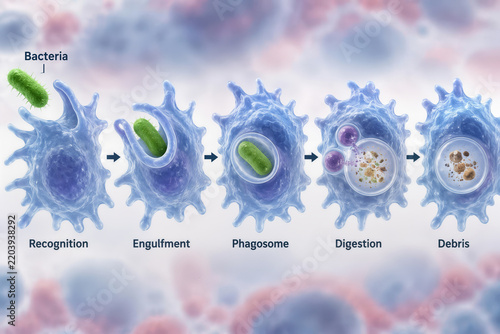 Phagocytosis by macrophage engulfing bacteria stepwise process recognition engulfment phagosome digestion debris innate immunity biomedical immunology illustration educational diagram