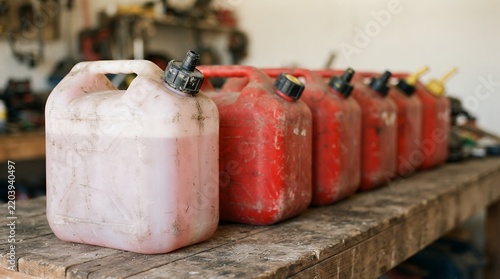 Industrial plastic fuel canisters in a row, red and white gasoline containers on a wooden workbench, portable fuel storage tanks in a workshop