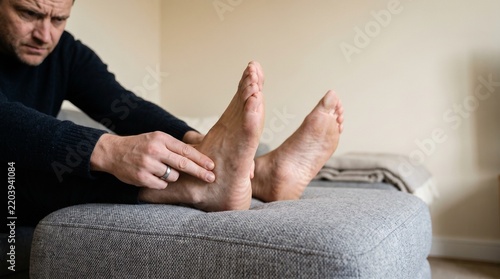 A man sits on a couch, holding and examining his painful foot, possibly experiencing discomfort or an injury in his heel or ankle area.