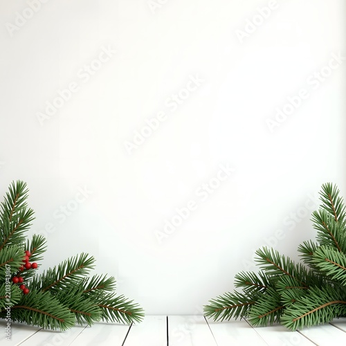 Minimal Christmas pine branch border on a clean white background with copy space.