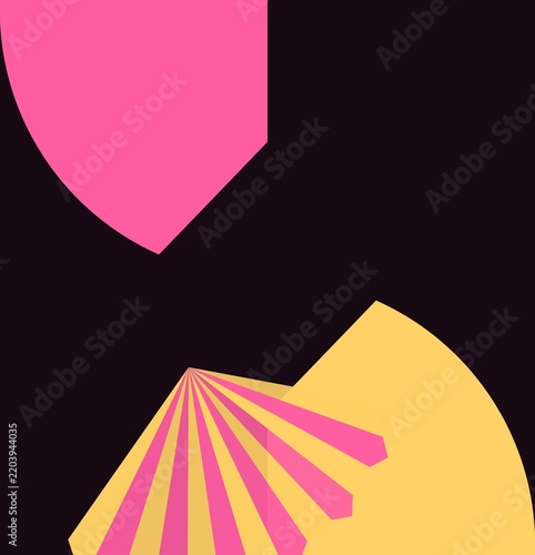 Abstract geometric composition featuring vibrant pink and yellow shapes against a dark background