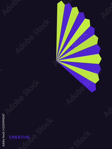Abstract geometric fan shape illustration with vibrant green and purple colors on dark background transparent background