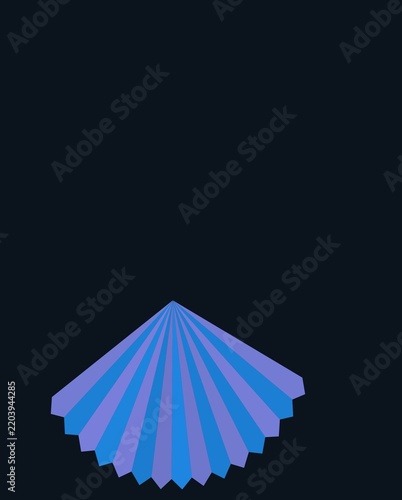 Abstract geometric fan shape illustration with blue and purple striped patterns on dark background
