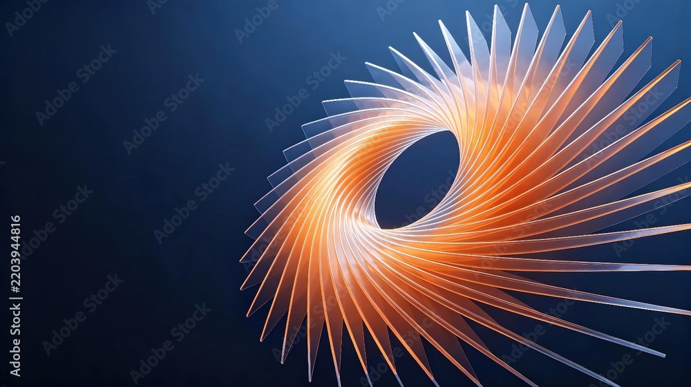 Fototapeta premium Abstract 3D transparent spiral tunnel with glowing orange light on dark blue background, modern geometric abstract art for creative design concept