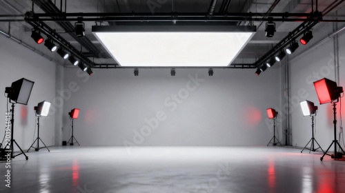 Empty professional photography studio with lighting equipment on ceiling and stands, ready for commercial photoshoot and professional film production