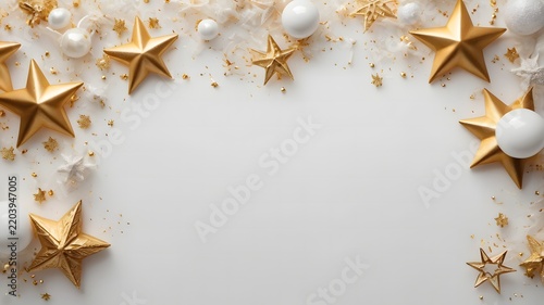 Luxury christmas background with gold star frame on white minimalist backdrop.
