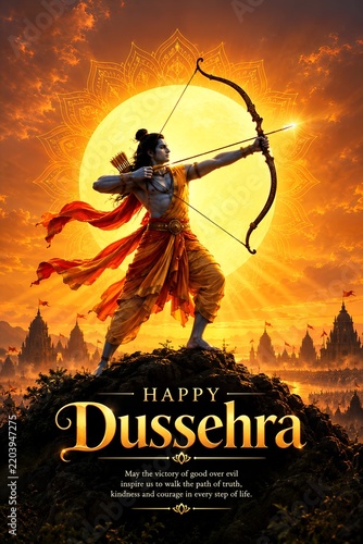 Happy dussehra festival greeting with lord rama aiming bow against sunset sky and city silhouette