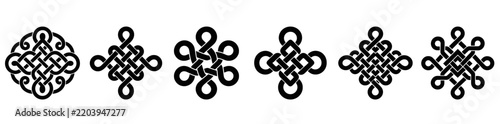Set of six Chinese knot silhouettes, interlaced endless knot designs. Asian lucky charm icons for Lunar New Year and good fortune