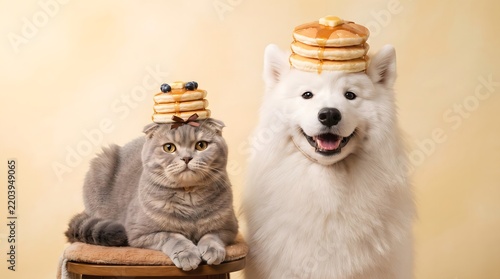 joyful Scottish Fold cat and Samoyed with buttered pancake hats, 