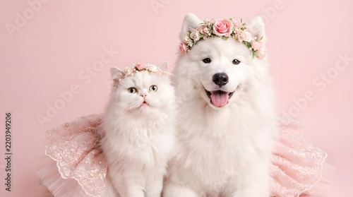 happy Persian cat and Samoyed wearing pink lace tutus and flower headbands,