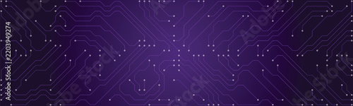 Dark purple background, featuring a complex, electronic circuit board, pattern with interconnected, lines and nodes, creating a digital, network technology and, computing concepts