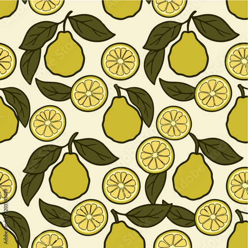 Bergamot Citrus Fruit Pattern with Slices and Olive Green Leaves