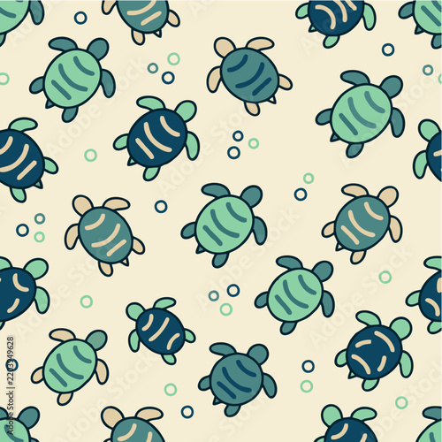 Blue and Green Sea Turtle Pattern with Bubbles on Cream