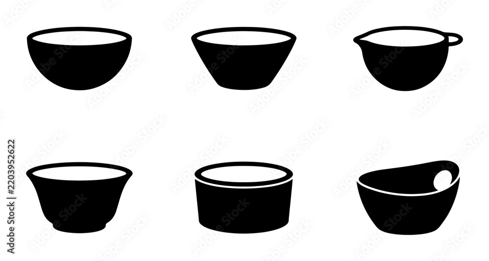 Obraz premium Set of 6 diverse bowls and cups silhouettes for food and drink presentation