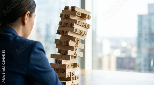 Businesswoman views a leaning wooden tower marked with finance and legal symbols