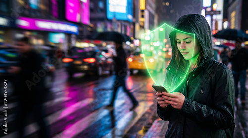 Rainy city woman checks smartphone under neon light with digital privacy shield