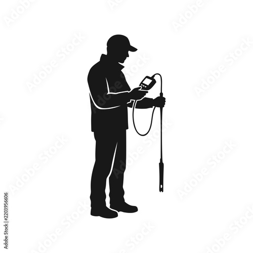 A male technician wearing a cap uses a portable digital probe to measure water quality