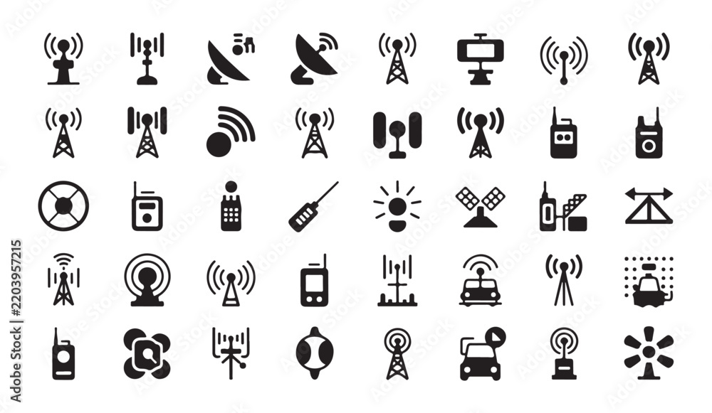 Obraz premium Telecommunication transmitters and device black glyph icons set on transparent background for layout.
