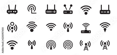 Black router and wireless network icon collection on transparent grid background for tech interface designs.