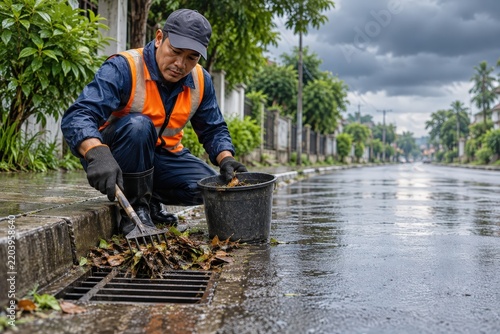 Worker wearing an orange safety vest removing wet leaves and debris from a roadside storm drain beside a flooded gutter