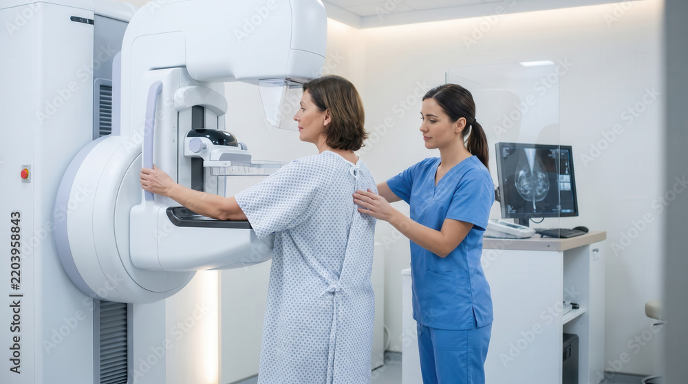 Fototapeta premium Middle-aged Caucasian woman undergoing a mammogram screening procedure with a female nurse in a modern hospital radiology department for breast cancer detection and prevention