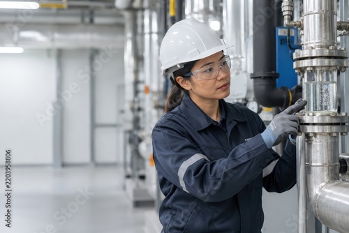 Woman technician wearing a hard hat and safety glasses inspecting stainless steel pipes and valves inside an industrial facility