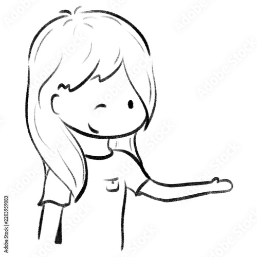 A girl smiling and giving a hand cartoon pencil outline illustration