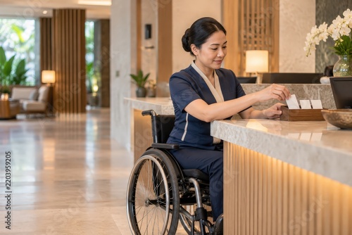 Woman using a wheelchair arranging items at an accessible hotel reception counter in a bright and welcoming lobby