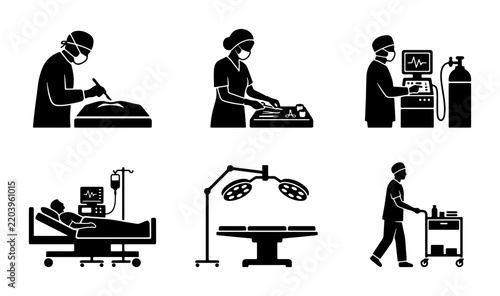 Medical Surgery and Hospital Icons with Doctors and Patients