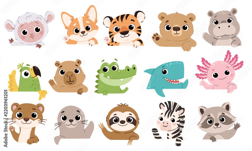 Fototapeta premium Cute collection of baby animals peeking out and waving, including lamb, cat, tiger, bear, hippo, parrot, crocodile, shark, axolotl, seal, sloth, zebra and raccoon. Flat vector illustration for kids