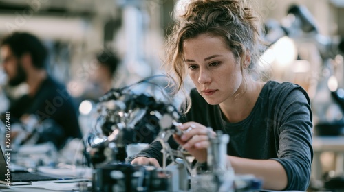 Focused Female Engineer Working on Innovative Robotics Project in Lab Environment with Advanced Technology and Tools in Background