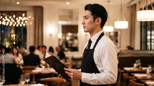 Obraz na płótnie 飲食店ホールスタッフの日本人男性のポートレート（真剣な横顔・職場背景）