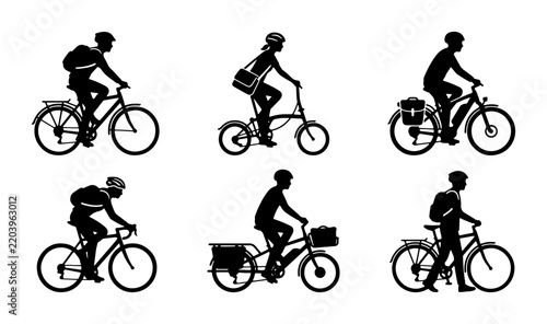 Black commuter bicycle silhouettes, flat cyclist icons banner header