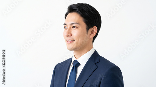 Obraz na płótnie 営業職の日本人男性のポートレート（希望に満ちた横顔・白背景）