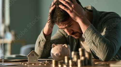 Man in distress experiencing financial stress at home with a piggy bank, coins, and miniature house on the table surrounded by uncertainty and anxiety